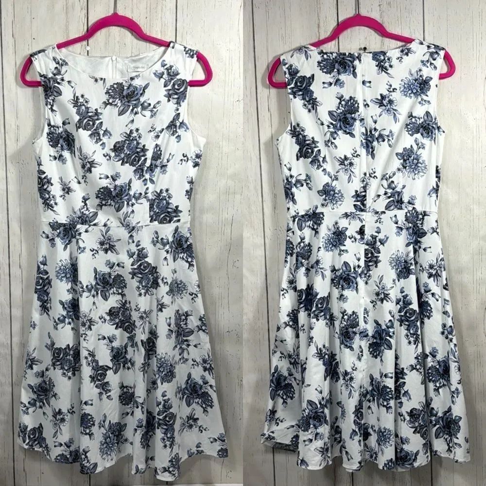 Hanpceirs Blue White Floral Fit & Flare Dress Sleeveless Cottagecore Romantic